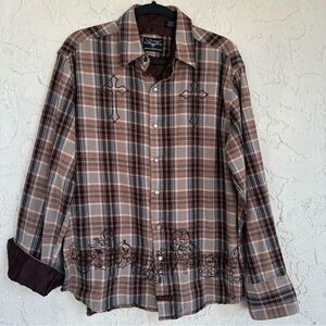 FENDER BY ROCK ROLL RELIGION Shirt Men Medium Plaid Flannel Cross Embroidered‎